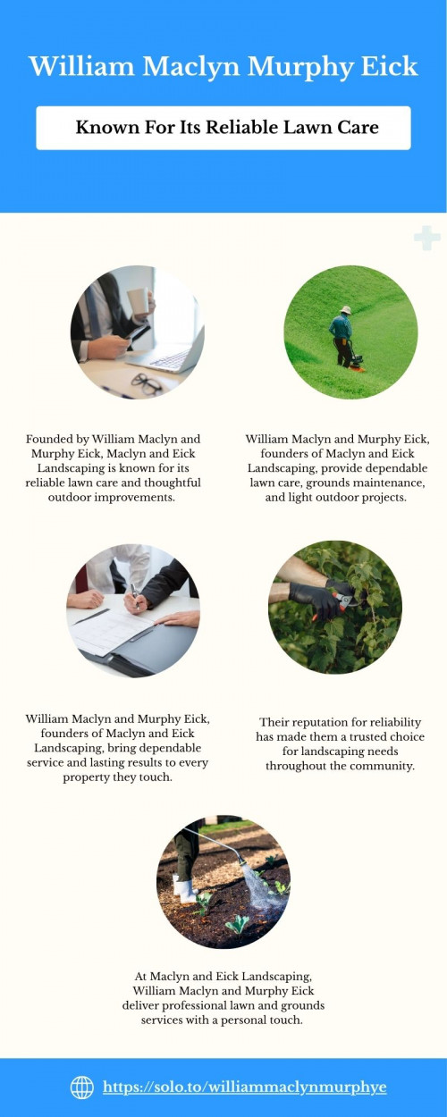 Founded by William Maclyn and Murphy Eick, Maclyn and Eick Landscaping provides practical, consistent landscaping solutions. Their work includes lawn mowing, trimming, seasonal upkeep, and enhancements such as patios, fences, and stonework.