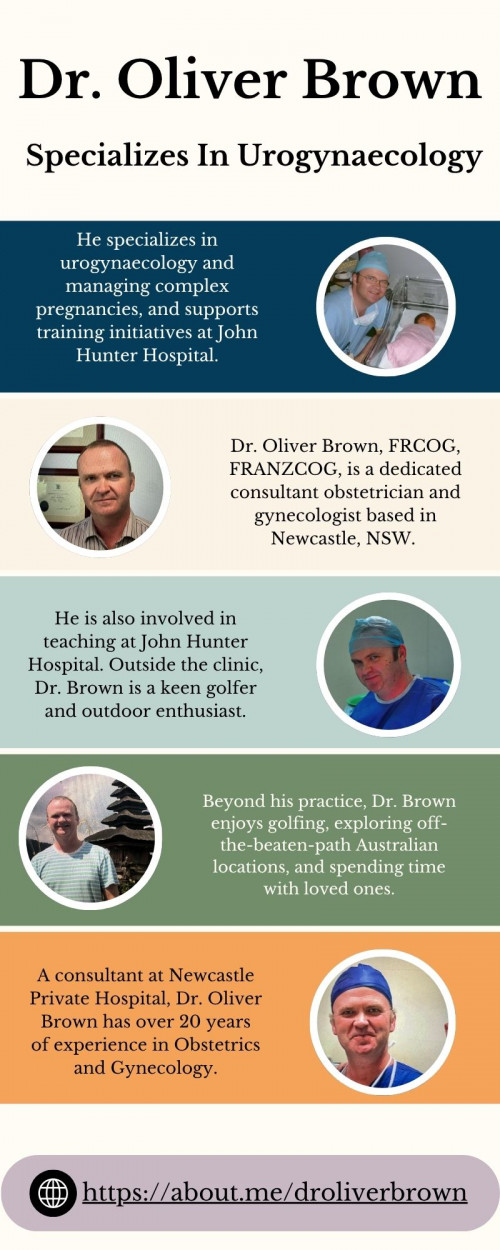 With a career spanning over two decades, Dr. Oliver Brown serves as a consultant obstetrician and gynecologist at Newcastle Private Hospital. He is known for his expertise in high-risk pregnancy care and urogynaecology.
