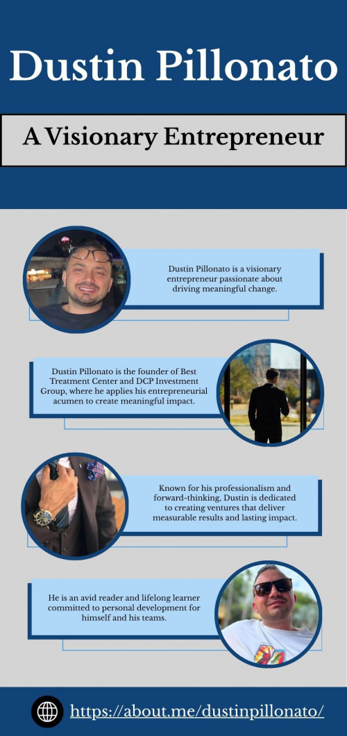 As the driving force behind Best Treatment Center, a company offering comprehensive recovery care, Dustin Pillonato is an entrepreneur with a focus on excellence. He more recently founded DCP Investment Group where he leads the company, driving strategic investment initiatives.