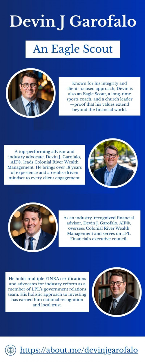 Devin J. Garofalo is an Accredited Investment Fiduciary (AIF®) and the Chief Executive Officer of Colonial River Wealth Management. In 2023, his firm, Colonial River Investments, was named the top financial advisory practice in Midlothian, VA by SmartAsset. He brings a data-driven, values-based approach to wealth planning and portfolio management.