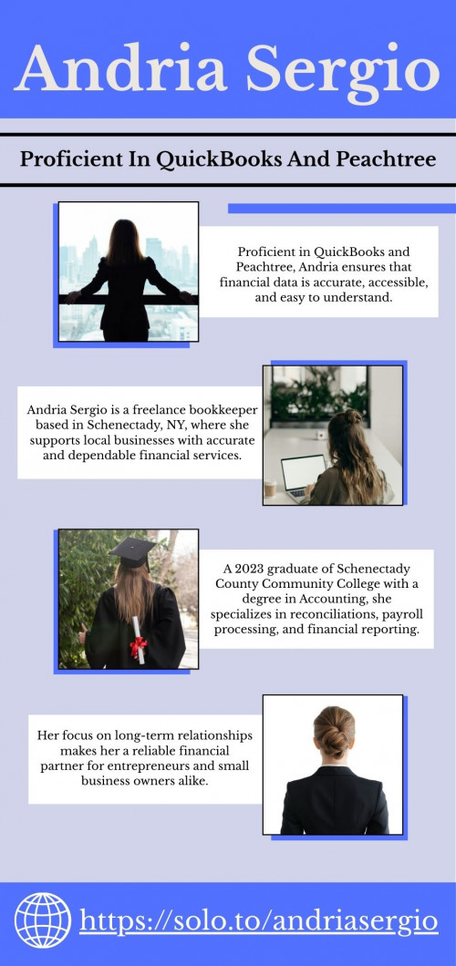 Andria Sergio is a freelance bookkeeper serving businesses in Schenectady and surrounding areas. After earning her A.A.S. in Accounting from Schenectady County Community College in 2023, she began offering professional bookkeeping services tailored to small business needs.