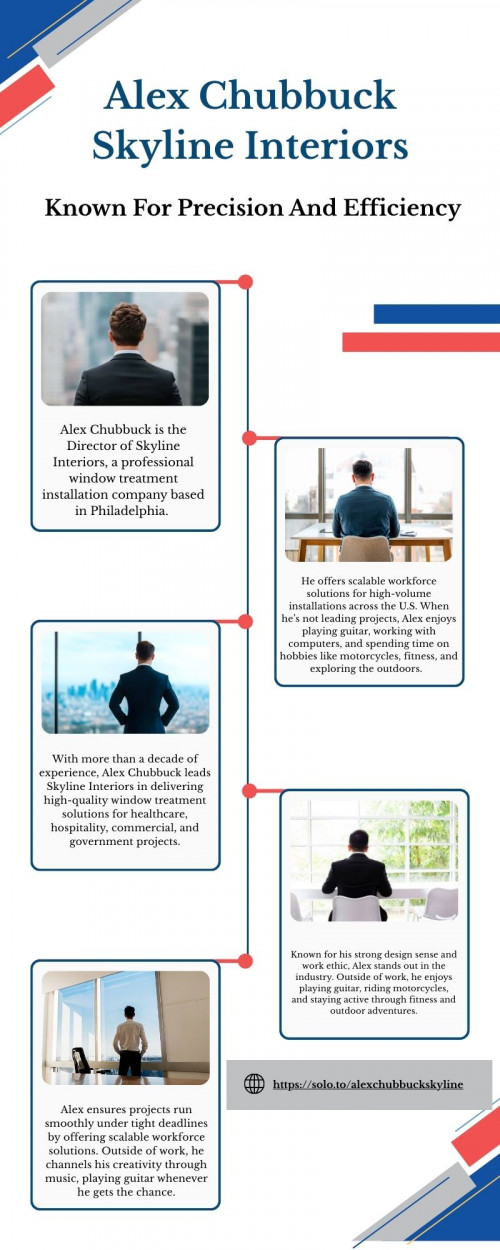 As Director of Skyline Interiors, Alex Chubbuck thrives on delivering custom window solutions that combine function and aesthetics. With over a decade of experience, he has mastered the design of soft goods for healthcare, hospitality, commercial, and government sectors.