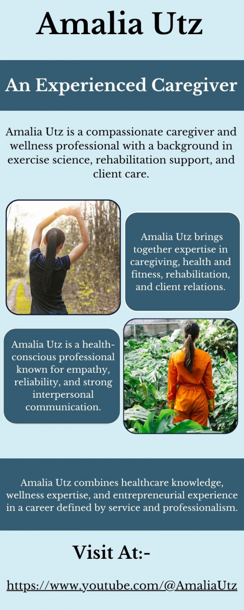 Amalia Utz is a polished and professional caregiver with a strong background in health, fitness, and rehabilitation support. She has worked with clients facing a wide variety of medical conditions and mobility challenges, applying her knowledge of exercise physiology, stretching, and physical therapy support to encourage recovery and well-being.