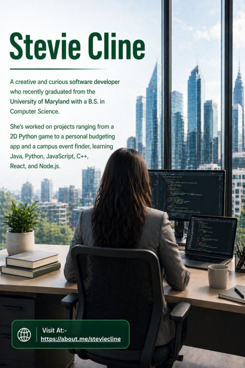Stevie Cline, a University of Maryland Computer Science graduate, enjoys turning ideas into software. She has worked on projects like a mobile-friendly campus event finder, a personal budgeting app, and a 2D Python game. Proficient in Java, Python, JavaScript, C++, React, and Node.js, she gained teamwork experience during her internship and through volunteer tutoring.