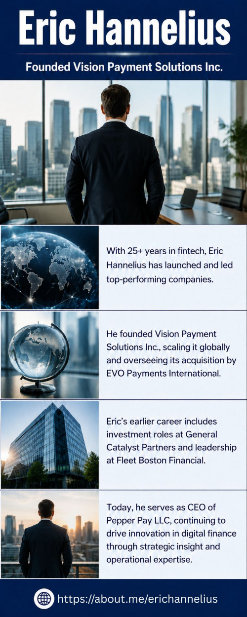 Eric Hannelius, a fintech executive with 25 years in the industry, has launched and scaled businesses in payments and financial services. At General Catalyst Partners, he supported early investments in major fintechs. He founded Vision Payment Solutions Inc., building it globally and selling it to EVO Payments International. Today, Eric leads Pepper Pay LLC, where his strategic approach continues to innovate digital financial services and shape market trends.