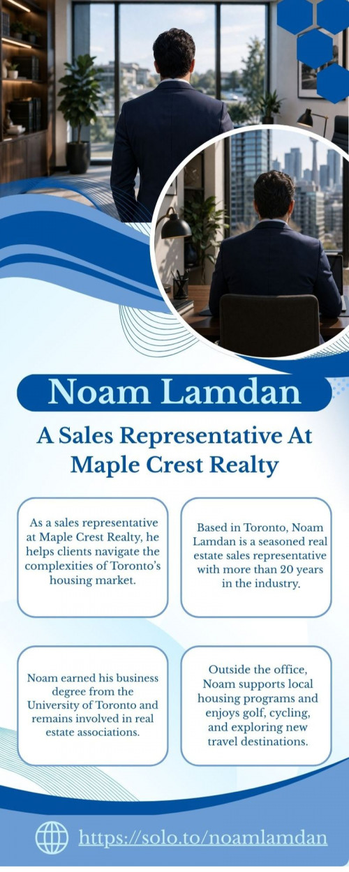 For more than 20 years, Noam Lamdan has guided buyers and sellers through Toronto’s residential real estate market. He began in sales at Northern Edge Communications before transitioning to Maple Crest Realty, where he now specializes in market analysis and property valuation. Noam graduated from the University of Toronto with a degree in business administration and stays connected to industry organizations.