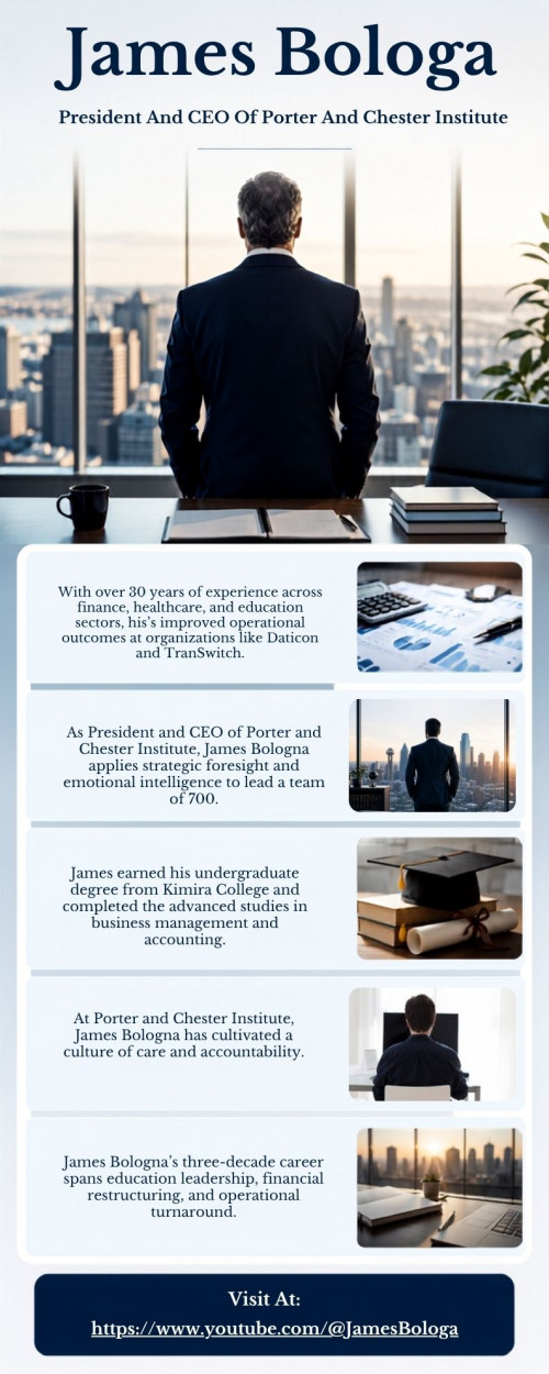 With a global outlook shaped by executive roles at TranSwitch Corporation, James Bologa now leads Porter and Chester Institute as CEO. He brings extensive knowledge in financial oversight, regulatory compliance, and strategic expansion.