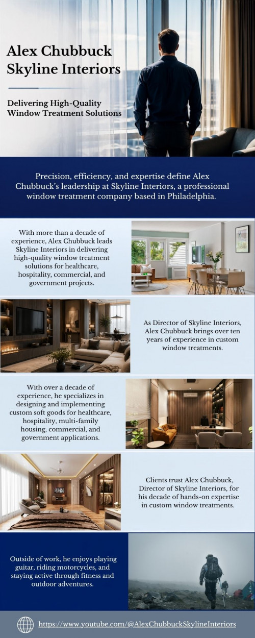 Clients trust Alex Chubbuck, Director of Skyline Interiors, for his decade of hands-on expertise in custom window treatments. He specializes in designing and implementing soft goods for healthcare, hospitality, commercial, and government sectors.